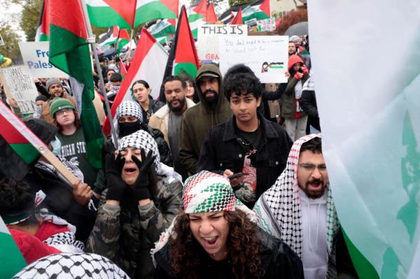 A group of people demo<em></em>nstrating in support of Palestinians, holding signs and flags, in Dearborn, Michigan, on October 14, 2023