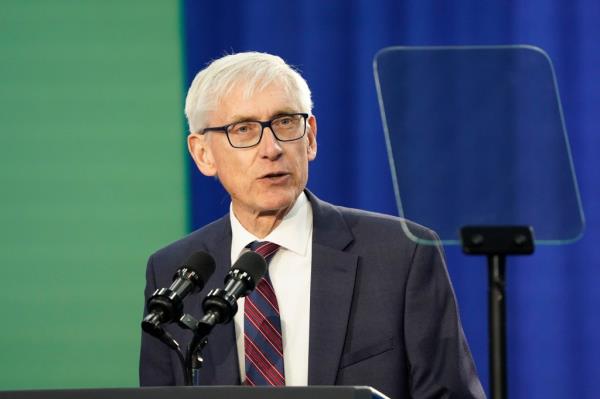 Wisco<em></em>nsin Gov. Tony Eveers speaks at the Madison Area Technical College Truax campus on April 8, 2024.