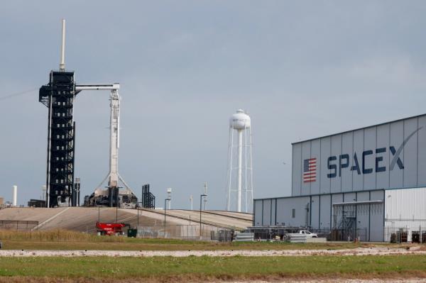 SpaceX Falcon 9 rocket on launch pad 39A at NASA's Kennedy Space Center in Cape Canaveral, Florida, scheduled to launch Crew-8 astro<em></em>nauts to space.