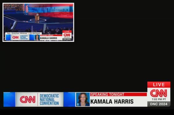 在密歇根州州长格雷琴·惠特默(Gretchen Whitmer)在2024年民主党全国代表大会上发表演讲期间，CNN的视频中断了