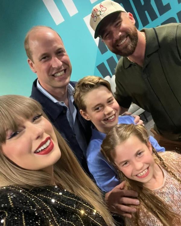 Taylor Swift and Travis Kelce posed for a selfie with Prince William, Prince George, and Princess Charlotte on the first night of the music mogul's Eras Tour stop in London.