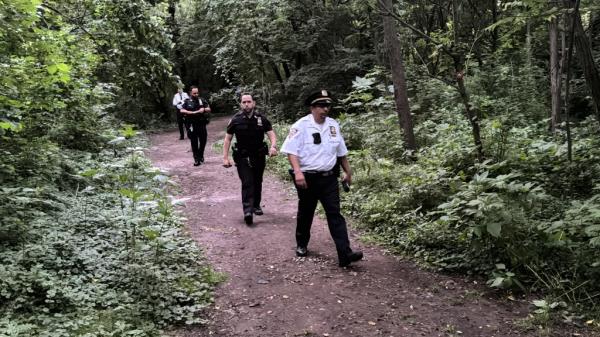 Four NYPD officers walking along a trail in the wooded area of Kissena Park wher<em></em>e a 13-year-old girl was raped on June 13