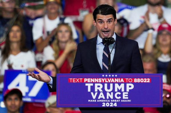 PA-08 co<em></em>ngressional candidate Rob Bresnahan speaks at a Trump rally in Wilkes-Barre, Pa., on August 17, 2024.