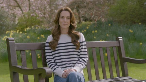 Princess of Wales, Catherine, sitting on a bench in a perso<em></em>nal video message discussing her o<em></em>ngoing cancer treatment