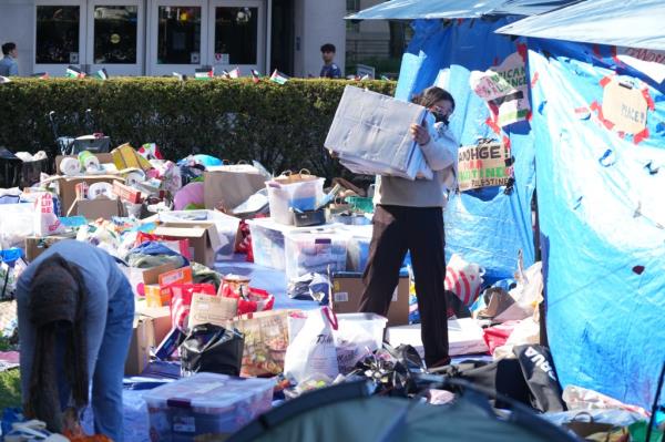 Items at a food and supply tent at a pro-Palestinian encampment on the lawn of Columbia University