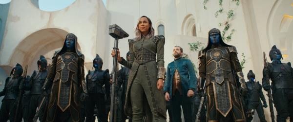 (Center, L-R): Zawe Ashton as Dar-Benn and Daniel Ings as Ty-Rone in Marvel Studios' THE MARVELS. 
