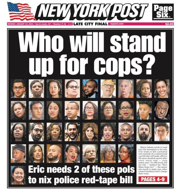 New York Post cover for Monday, January 22, 2024