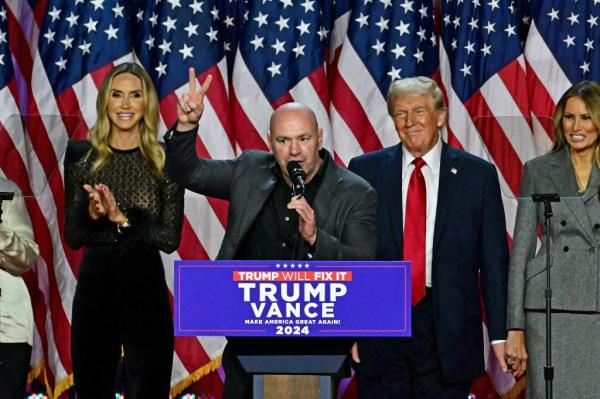 Dana White, CEO of Ultimate Fighting Championship, speaks at former US President Do<em></em>nald Trump's election night event in West Palm Beach, Florida, 2024.