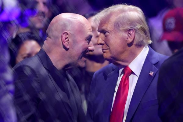UFC CEO Dana White co<em></em>nversing with President-elect Do<em></em>nald Trump at ringside during UFC 309 at Madison Square Garden.