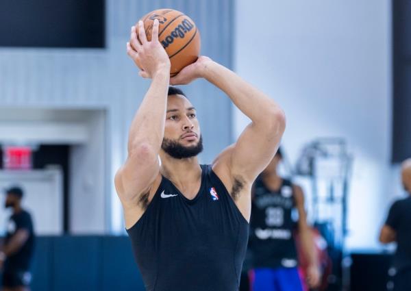 Ben Simmons shoot during Nets' training camp earlier this week.