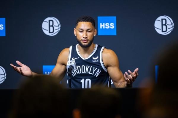 Nets guard Ben Simmons (10) speaks to the media at media day