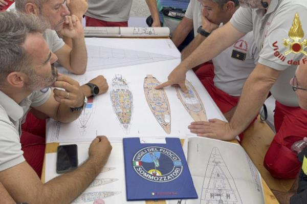 Scuba divers study a map of the sailing yacht Bayesian at the Porticello harbor.