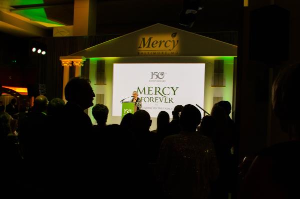 Sister Helen Amos, former Mercy Health Services president/CEO and current board executive chair, addresses the gathering at the Mercy Medical Center 150th Anniversary Gratitude Gala. (Sloane Brown)