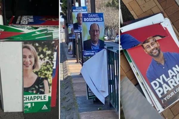 Left and right: the sliced-up corflute posters around Maroubra Junction. Centre: the o<em></em>nly posters left standing.