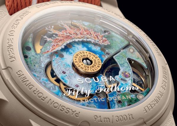 Closeup of the movement on the Swatch x Blancpain Scuba Fifty Fathoms Diver watch