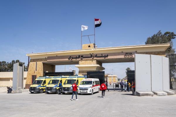 Ambulances lined up in front of the Egyptian side of the Rafah crossing during a visit of United Nations Secretary-General Anto<em></em>nio Guterres on March 23.