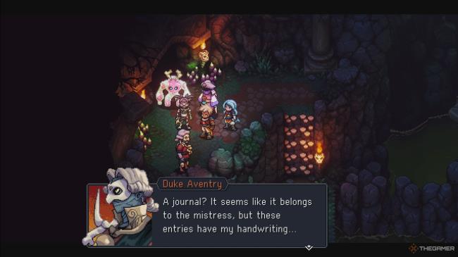 Sea Of Stars: Giving the journal to Sir Aventry outside of the cave