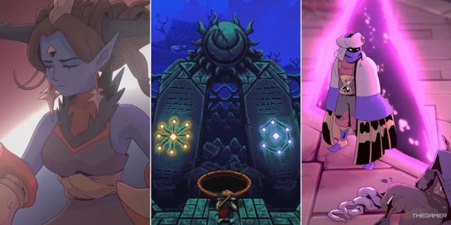 Sea of Stars collage showing Erlina as a demon, the altar in The Messenger and Rashan looking at a defeated Aephorel