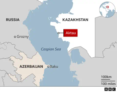 Map showing Grozny (Russia), Aktau (Kazakhstan) and Baku (Azerbaijan).