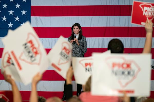Republican presidential hopeful and former UN Ambassador Nikki Haley speaks at a rally on January 28, 2024 in Conway, South Carolina.