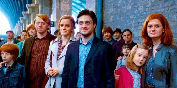 Harry Potter Epilogue featuring an older Harry Potter (Daniel Radcliffe), Ron Weasley (Rupert Grint), Hermione Granger (Emma Watson), and Ginny Weasley (Bo<em></em>nnie Wright)