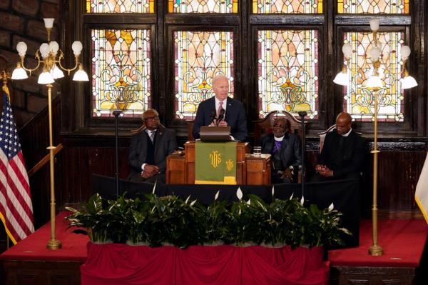 President Biden speaking at Mother Emanuel AME Church in Charleston, South Carolina on Jan. 8, 2024.