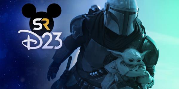Din Djarin flies with Grogu in The Mandalorian, edited with the D23 SR overlay