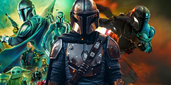 Din Djarin from The Mandalorian season 1 (2019) between the poster for The Mandalorian season 3 (2023) and the artwork for The Mandalorian and Grogu (2026)