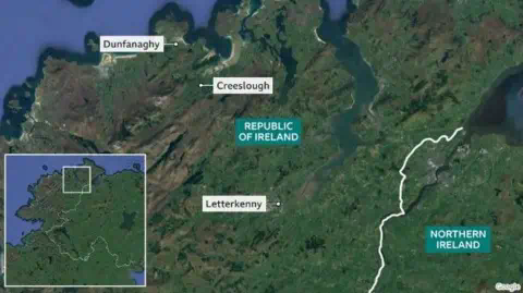 Map showing wher<em></em>e Creeslough is and its proximity to the border with Northern Ireland 