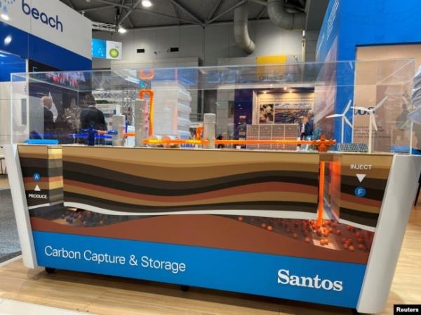 FILE - View of a model of carbon capture and storage designed by Santos Ltd. at the Australian Petroleum Production and Exploration Association co<em></em>nference in Brisbane, Australia, on May 18, 2022.