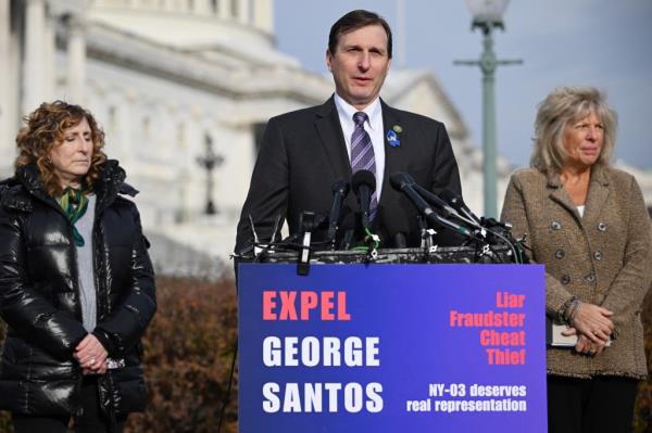 Rep. Daniel Sachs Goldman, D-NY, speaks on the possible expulsion of Rep. George Santos, R-NY, at the House Triangle of the US Capitol in Washington, DC, on December 1, 2023. The US House of Representatives is expected to vote on whether to expel US Representative George Santos from Congress, after the House Ethics Committee released a report stating it found 